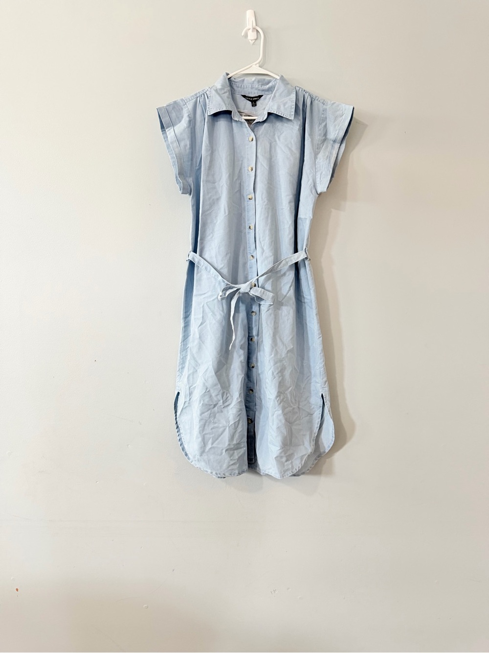 Style Envy Light Blue Button Midi Shirt Dress with Tie Waist